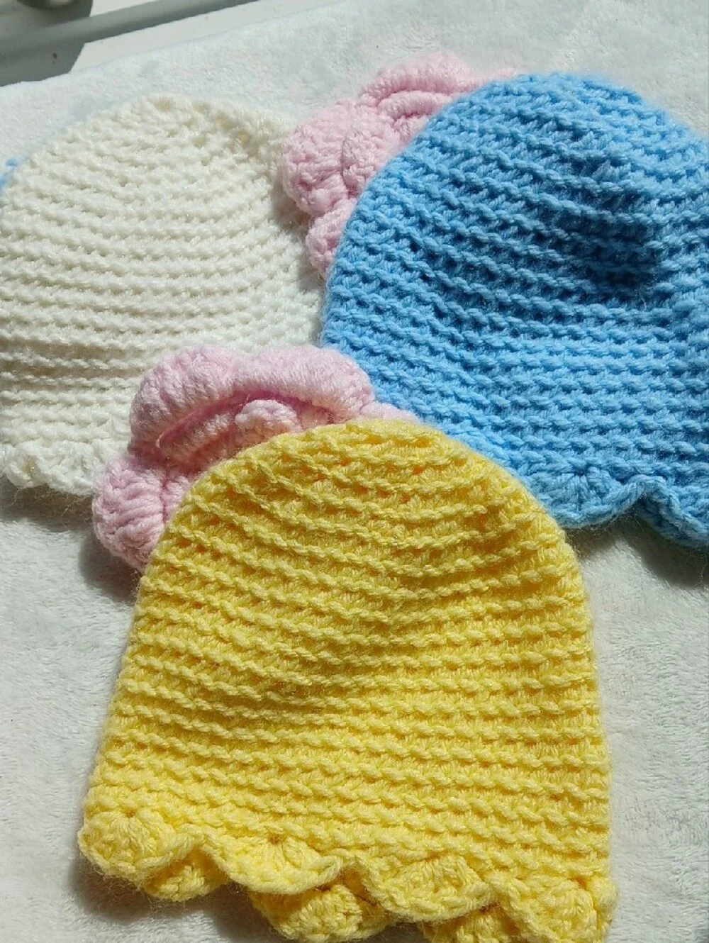 Handmade NEWBORN/INFANT Crochet Beanie Hat + Flower Accent [Set of 3]